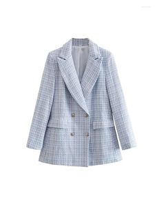 Damenanzüge Mode Frauen Blau Tweed Blazer Jacke 2022 Zweireiher Langarm Klappentaschen Mantel Vintage Büro Dame Stilvoll