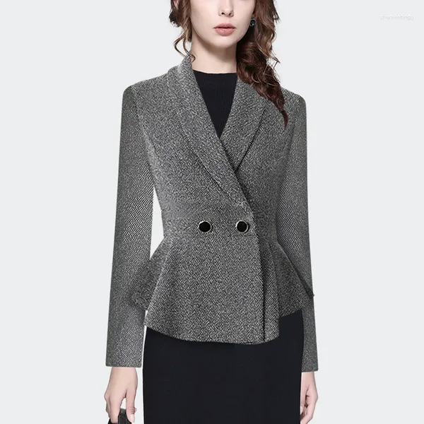 Trajes de mujer moda mujer traje cuello gris chaqueta de lana manga larga elegante adelgazamiento estilo corto cintura ceñida abrigo de lana