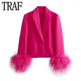 Costumes pour femmes Blazer court en plumes Femme Fuchsia Blazers à manches longues pour femmes Veste élégante élégante en manteaux et vestes courts