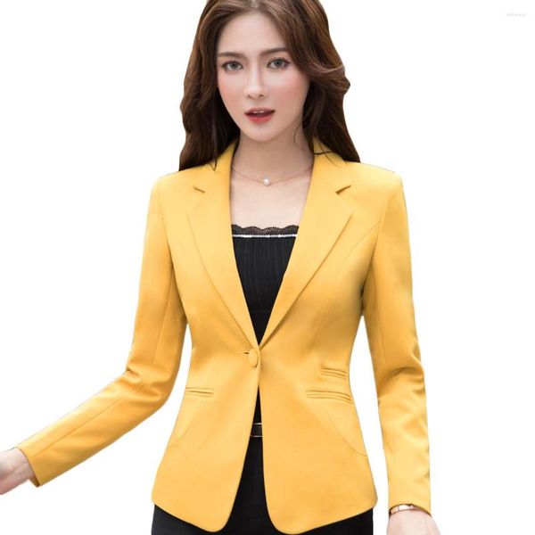 Costumes pour femmes Femme D'affaires Travail Porter Veste Blazer Femmes Printemps Été À Manches Longues Un Bouton Mince Jaune Rose Noir De Base Manteaux