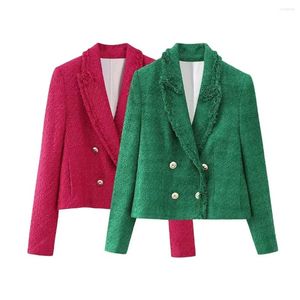 Trajes de mujer, Blazer de doble botonadura, hombreras Vintage, chaqueta de 2 colores, chaqueta elegante con botones dorados, chaquetas deshilachadas para mujer 2024