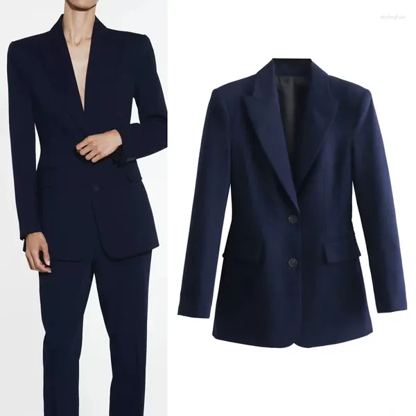 Trajes de mujer, Blazers ajustados, chaqueta con botones de solapa coreana, chaqueta azul de manga larga a la moda para mujer, abrigo y chaquetas de otoño 2023