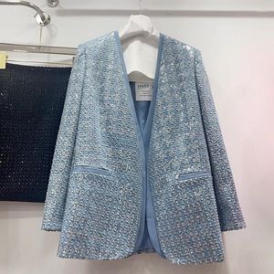 Trajes de mujer con agujeros deshilachados, chaquetas azules, cárdigan, abrigo para mujer, moda de primavera y otoño, lentejuelas con cuello en V, chaqueta de traje informal de manga larga, ropa de calle