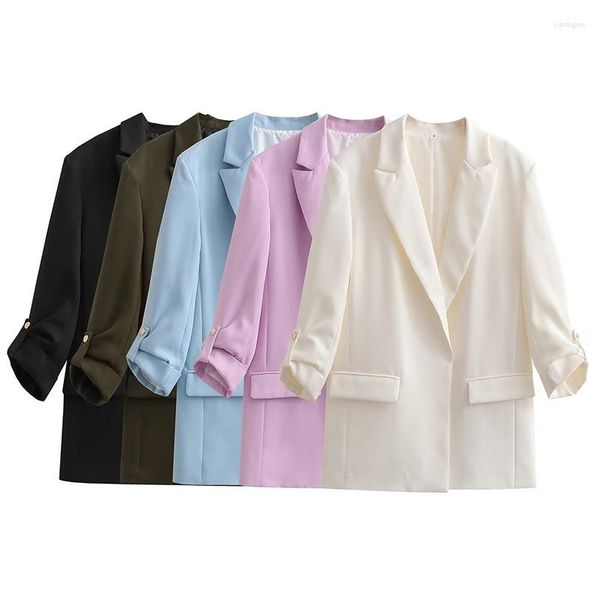 Trajes de mujer Francés Vintage Blazer Abrigo Moda Calle Estilo Color sólido Temperamento Casual Manga enrollada Blaze Chaqueta larga Top