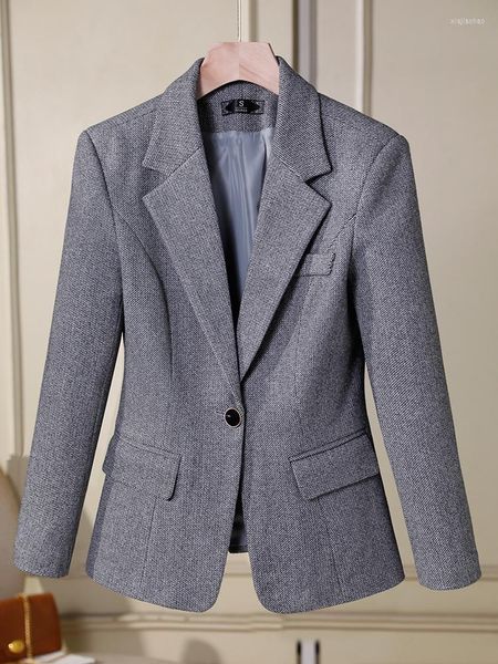 Trajes de mujer gris albaricoque marrón sólido mujer Formal Blazer para Otoño Invierno señoras mujer manga larga solo botón chaqueta delgada abrigo