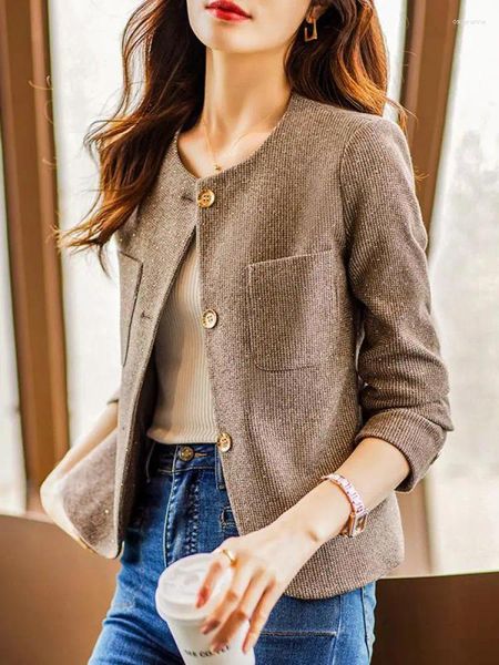 Costumes pour femmes gris élégant simple boutonnage poches Plaid Blazer femmes vêtements 2023 automne décontracté hauts bureau dame à manches longues marron