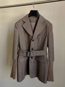 Costumes pour femmes, Blazer à chevrons en laine, manches tricotées, vestes, manteau, vêtements longs cintrant la taille avec ceinture