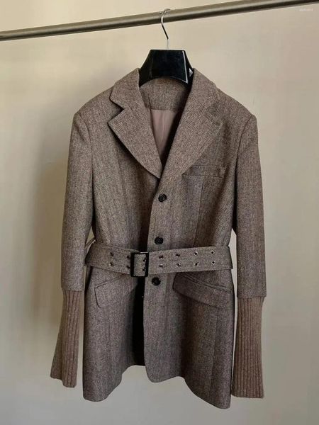 Trajes de mujer HerringBone Blazer mangas tejidas de lana chaquetas abrigo mujer cintura larga ceñido ropa con cinturón