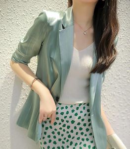 Costumes pour femmes High Fix Wind Bright Soie Rayée Costume Été Sept cents Manches Menthe Vert Veste Mince Style Féminin Drapé Blazer Femme