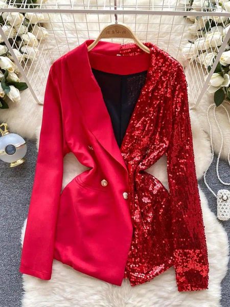 Costumes pour femmes de haute qualité 2023 Fashion Sequin Patchwork costume veste à double poitrine de blazer polyvalent