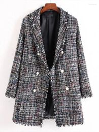 Ternos femininos de alta qualidade comprimento médio grosso tweed pérola fivela borla xadrez jaqueta 2023 outono roupas elegantes
