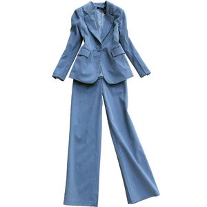 Damespakken hoge kwaliteit broek set Koreaanse retro casual corduroy damesjas casual wijd-been broek tweedelige pak 210527