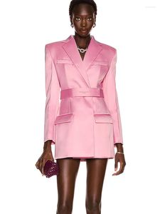 Costumes pour femmes de haute qualité printemps Satin Long Blazer manteau femmes concepteur cranté ceinture ajustée bureau dame robe élégante ZN250