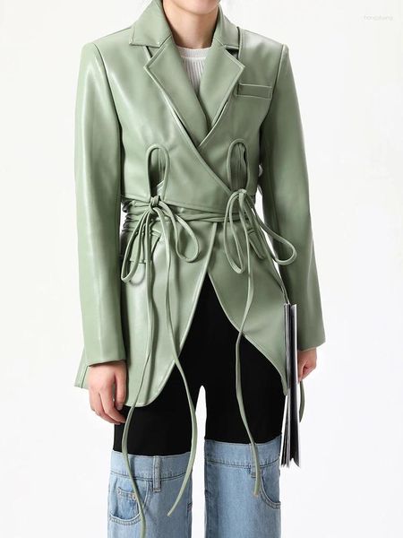 Costumes pour femmes High Street 2024 Est Designer Blazer Jacket Fashion Lace Up Hollow Out Cuir PU