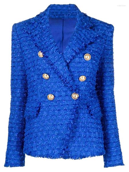 Costumes pour femmes High Street Est 2023 Veste de créateur Mode Classique Slim Fit Double Boutons Lion Boutons Blazer Tweed Frangé