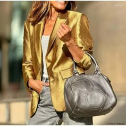 Damespakken Hight Street Gold Blazer Jacket Vrouwen met lange mouwen met één borsten Pocket vrouwelijke jassen 2024 Autumn Elegant Lady Coat