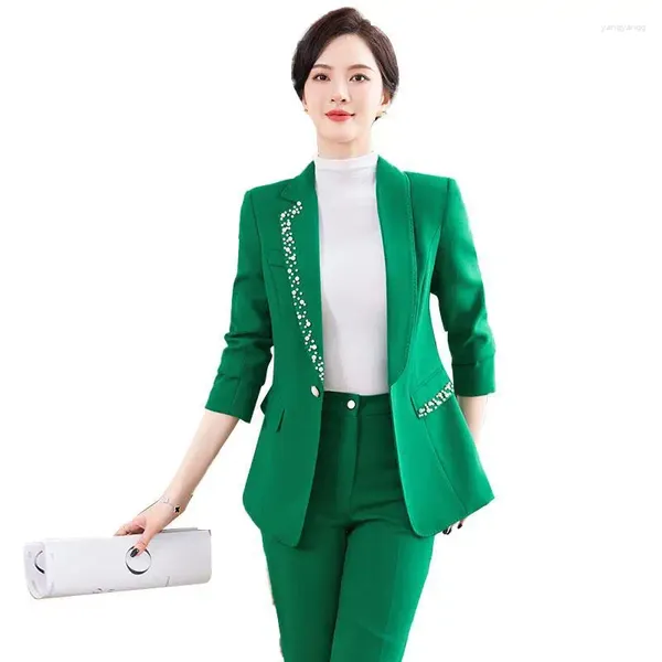 Costumes pour femmes HOO 2024 Femmes Vert Doux Blazer Automne Mode Casual Stick-on Cristaux Professionnel Sur Mesure
