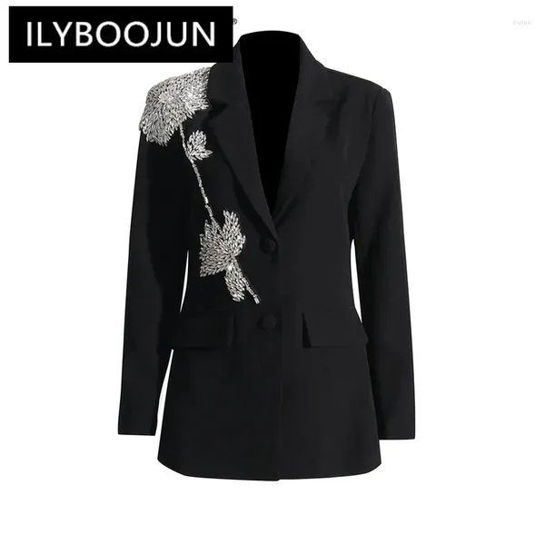 Costumes de femmes Ilyboojun Autumn Slim Blazers for Women Coldched Collar à manches longues Patchwork Diamonds Chic Style Blazer Femelle Fashion 2024