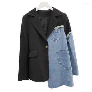 Costumes pour femmes Irrégulière Denim Patchwork Blazer Veste Femmes Printemps Noir Col Cranté À Manches Longues Vêtements D'extérieur Femme Jeans Épissage Costume