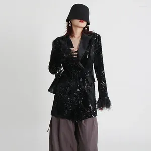 Veste de costume pour femmes, manteau Blazer à paillettes de célébrité, manches longues en plumes, fête de bal, 1 pièce, col en v, mode 2023