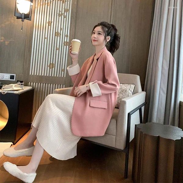 Costumes pour femmes Veste Colorblock Pardessus Long Trench-Coat Sur Manteaux Pour Femmes Vêtements Rose Vêtements Blazer Femme Robe Apporter Coréen