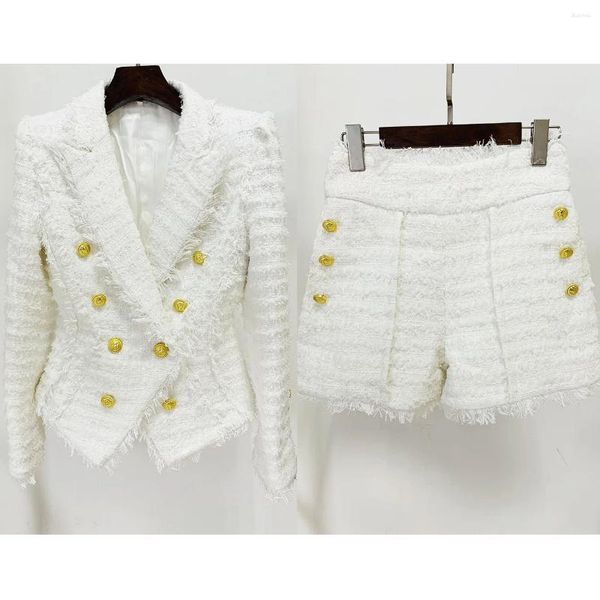 Costumes pour femmes JAMERARY Double boutonnage vestes blanches manteaux femmes Tweed ensembles boutons dorés glands Blazer jambe large pantalon court