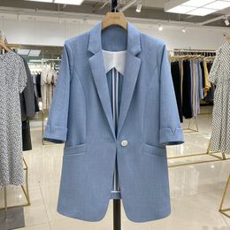 Trajes de mujer coreanos 2023 verano fino azul adelgazante traje de un botón chaqueta femenina diseño de moda media manga chaqueta recta abrigo de mujer