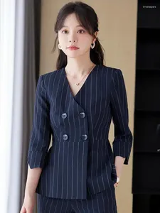 Damespakken Koreaanse modestrepen Dubbele borsten Blazer Jacket Women 2024 Spring Summer Slim Office Lady Lady Length Sleeve Coat