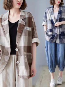 Suisses pour femmes Version coréenne Veste artistique à plaid contraste 2024 Spring rétro Casual Double Pocket Patchwork Top pour femmes Blazer