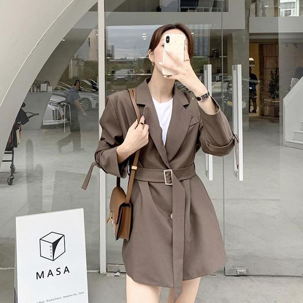 Costumes pour femmes femmes coréennes couleur café Blazers avec ceintures printemps automne lâche décontracté simple boutonnage à manches longues costume veste femme