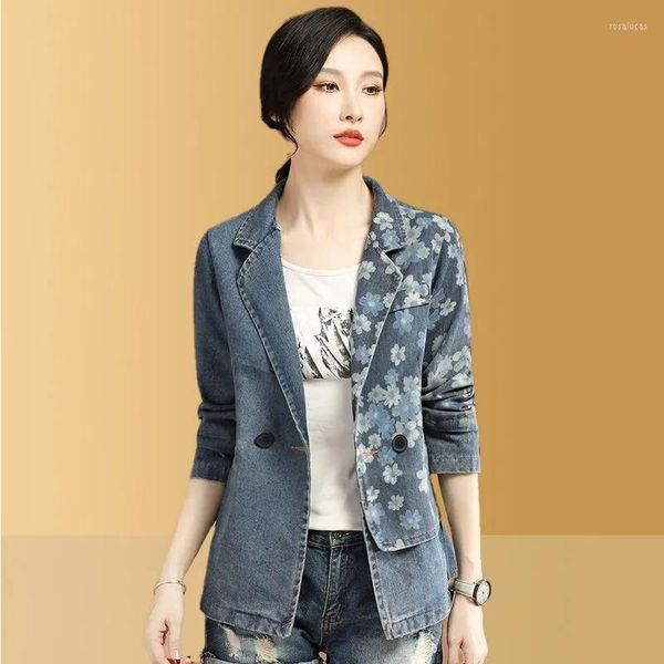 Trajes de mujer Lady Print Suit Collar Denim Jacket Vintage High-End Small Fragrance Women's 2023 Blazer femenino Short Top Thin Fashion