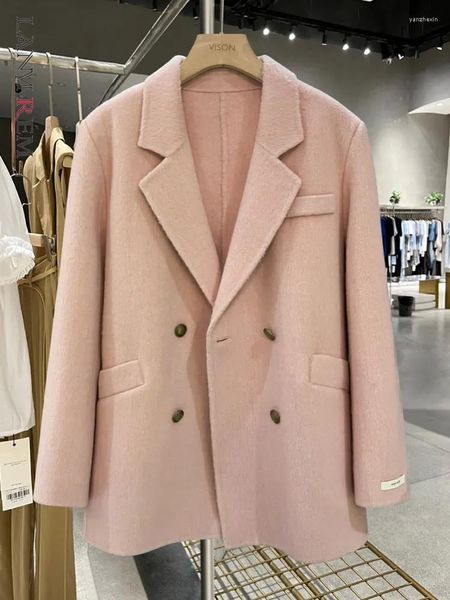 Trajes de mujer LANMREM 80% chaqueta de lana abrigo con muescas Color rosa doble cara abrigos de moda de gama alta ropa de invierno femenina 2023 2DA2001