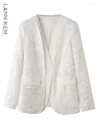 Suites de mujer Lanmrem Fashion Sequins Blazer blanco para mujeres V Diseño de mosaico de cuello de una sola abrigo de la oficina 2024 Clothing 32C806