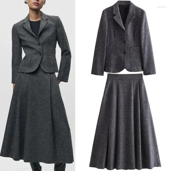 Trajes De Mujer Solapa Cálido Blazer Conjuntos De Dos Piezas Mujer Moda Otoño Minimalista Gris Manga Larga Abrigos Abotonados Bolsillos Chaquetas Falda