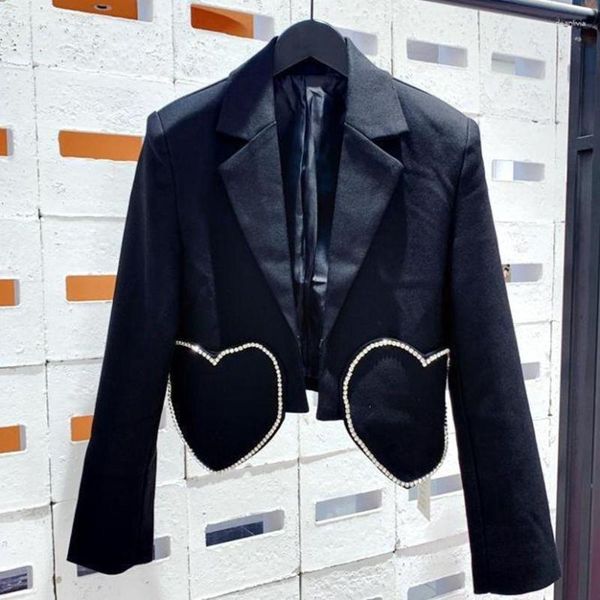 Trajes de mujer, chaqueta de traje elegante de lujo ligero para mujer, Blazer corto negro con diamantes de retazos, moda 2023 Y3632