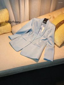 Costumes féminins lingzhiwu acétate blazer français britannique top printemps bleu manteau bleu satin coréen décontracté élégant ol influenceur extérieur