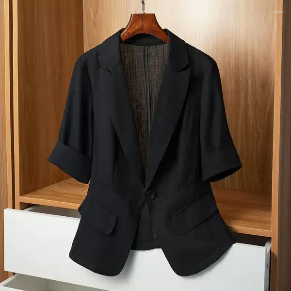 Trajes de mujer Blazer de lujo para mujer, traje fino de oficina, abrigo coreano de manga corta, chaqueta de bolsillo con un solo botón, ropa blanca y negra