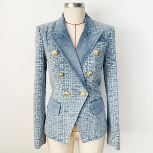 Damespakken M MEISJES Est Mode 2022 Designer Jas Vrouwen Slim Fitting Double Breasted Leeuw Knoppen Geometrische Denim Blazer