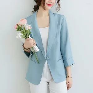 Costumes pour femmes M-XXXL coréen mode lin blazer bureau dame manches trois-quarts un bouton rose costume veste femmes été manteau décontracté