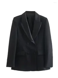 Trajes de mujer MESTTRAF 2023 mujeres Sexy negro parche bolsillos delantero doble botonadura ropa de oficina Blazer abrigo Vintage manga larga Mujer