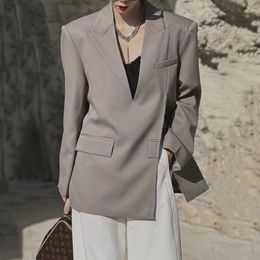 Damespakken Minimalistische Blazers voor vrouwen Grijs Zwart Lange mouw Patchwork Pocket Side Split V-Neck Fashion High Street vrouwelijke losse jas