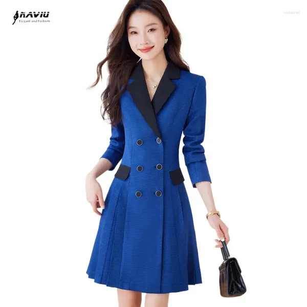 Costumes Femmes NAVIU Femmes Trench Coat Notch Revers Double Boutonnage Épais Une Ligne Plaid Pois Manteaux Veste Avec Poches Au-dessus Du Genou Pardessus