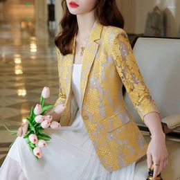 Damespakken Kantoor Lady Slim Single Button Floral Lace Elegant Hollow Out Spring Summer 3/4 Sleeve Fashion Mode Gereed Kraag Blazers