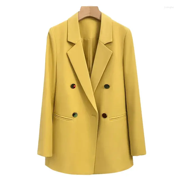 Trajes de mujer OL mujer Blazer amarillo elegante doble botonadura chaqueta Formal para mujer abrigo 2024 Casual primavera otoño prendas de vestir exteriores femeninas Tops