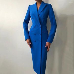Costumes pour femmes Veste d'une pièce Femmes Business Long manteau Double boutonnage Peaked Revers Mode Luxe Bleu Custom Slim Fit Blazer Costume