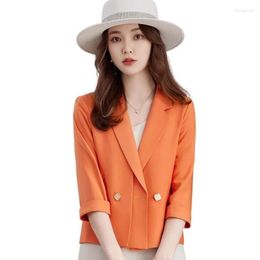 Damespakken Orange Blazer Women 2023 Zomermode Double Breasted Half Sleeve Slim Jacked Office Ladies Casual Formele werkjas