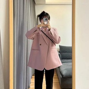 Trajes de mujer sobre abrigos para mujer, chaqueta lisa, vestido rosa, prendas de vestir exteriores holgadas, ropa larga de estilo coreano en oferta con Blazer para mujer