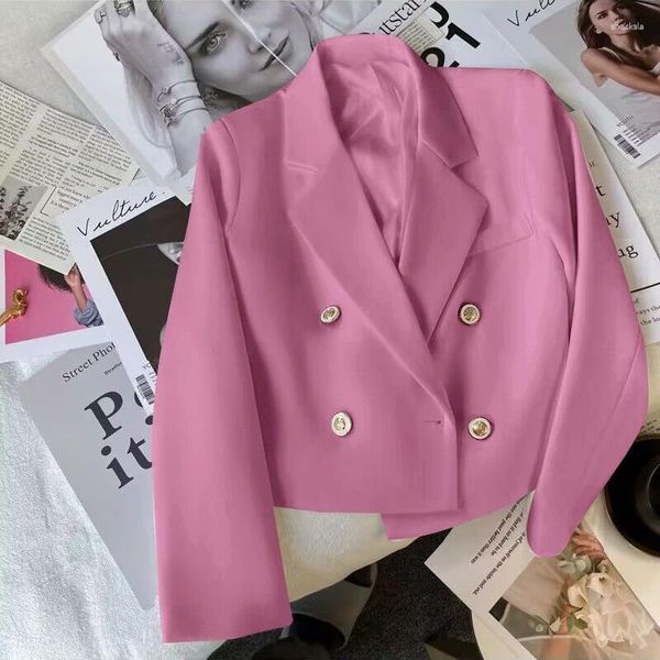 Trajes de mujer Blazer corto rosa con doble botonadura, moda coreana para mujer, traje de manga larga de Color sólido, abrigo, Chaqueta corta elegante para mujer de oficina 3xl