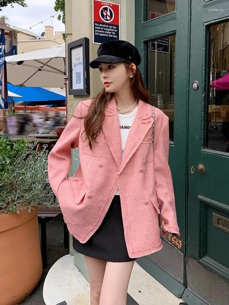 Costumes pour femmes Rose Glands Blazer Veste 2023 Automne Femmes Élégant Vintage Lâche Casual Double Boutonnage Style Coréen Costume Manteau Vêtements D'extérieur