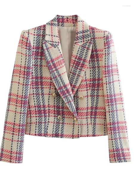 Costumes pour femmes Plaid Tweed Blazer Femmes Texturé Recadrée Double Boutonnage À Manches Longues Femme Veste 2023 Printemps Chic Loisirs Bouton Manteau